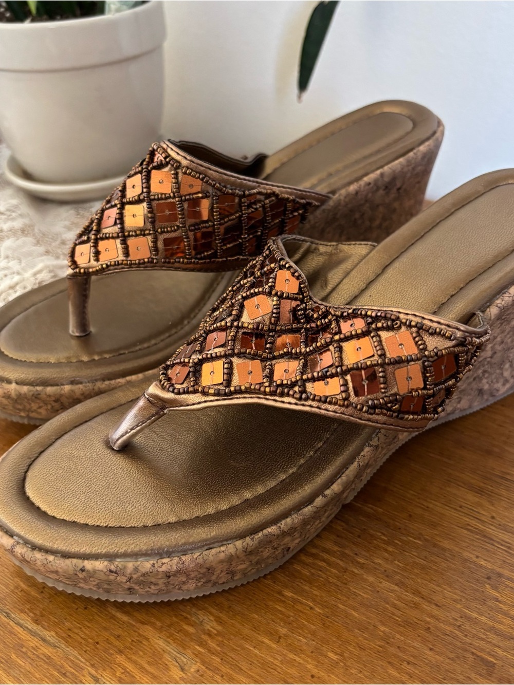 Copper and Bronze Beaded Wedge Thong Sandals